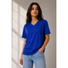 Kadın V Yaka Basic Tişört Kısa Kol Yazlık Regular Fit T-Shirt - Saks Mavisi
