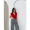 Kadın Vatkalı Kolsuz V Yaka Drapeli Crop Bluz Likralı Fit - Kırmızı