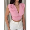 Kadın Vatkalı Kolsuz V Yaka Drapeli Crop Bluz Likralı Fit - Pembe