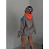 Kadın W Nakış İşlemeli Kapüşonlu 3 iplik pamuklu Parçalı Sweatshirt Hoodie - Mavi