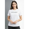 Kadın Wafıl Kumaş Tişört Regular Kalıp Bisiklet Yaka Baskılı T-Shirt - Beyaz