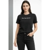 Kadın Wafıl Kumaş Tişört Regular Kalıp Bisiklet Yaka Baskılı T-Shirt - Siyah