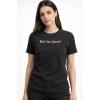 Kadın Wafıl Kumaş Tişört Regular Kalıp Bisiklet Yaka Baskılı T-Shirt - Siyah