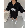 Kadın Yarım Fermuarlı Tişört Baskılı T-Shirt - Siyah