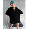 Kadın Yarım Fermuarlı Tişört Düz Oversize T-Shirt - Siyah