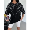 Kadın Yıldırım şimşek Baskılı T-Shirt Kısa Kol Bisiklet Yaka Oversize Tişört - Siyah