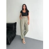 Kadın Yüksel Bel Beli Bağcıklı Cepli Rahat Paça Pantolon - Su Yeşili