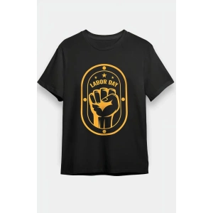 1 Mayıs Labor Day Emekçi Temalı Baskılı Oversize Bisiklet Yaka T-shirt - Siyah