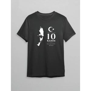 10 Kasım Atatürk Anma Günü Silüet Baskılı Oversize Bisiklet Yaka T-shirt - Siyah