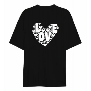 14 Şubat Sevgililer Günü Love Kalp Baskılı Oversize Bisiklet Yaka T-shirt - Siyah