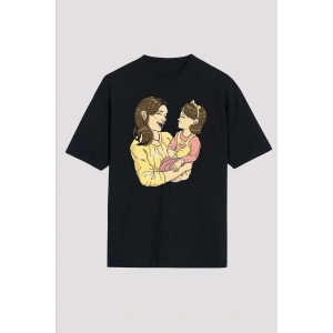 Anneler Günü Hediye Anne Kız Temalı Baskılı Oversize Bisiklet Yaka T-shirt - Siyah