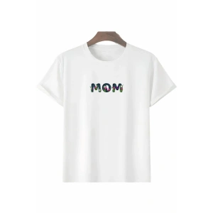 Anneler Günü Hediye Mom Çiçek Baskılı Oversize Bisiklet Yaka T-shirt - Beyaz