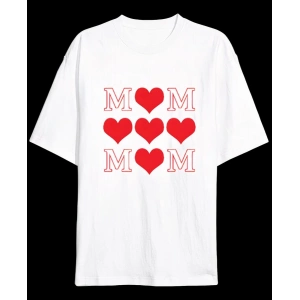 Anneler Günü Hediye MOM Kalp Baskılı Oversize Bisiklet Yaka T-shirt - Beyaz