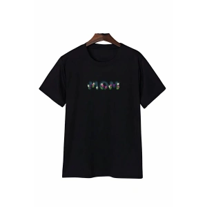 Anneler Günü Mom Çiçek Temalı Baskılı Oversize Bisiklet Yaka T-shirt - Siyah