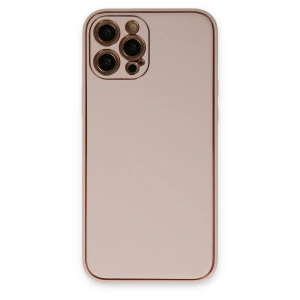 Apple İphone 12 Pro Max Kılıf Coco Deri Silikon Kapak - Pudra