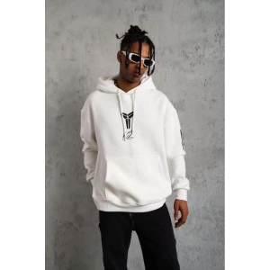 BErkek 3 İplik Pamuklu Kapüşonlu Baskılı Cepli Oversize Sweatshirt Hoodie - eyaz