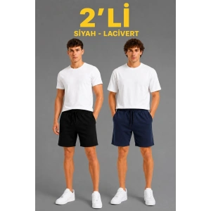 Erkek 2li Pamuklu Şort 3 İplik Şardonsuz Cepli Lastikli Bağcıklı Regular Fit - Siyah & Lacivert