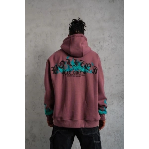 Erkek 3 İplik içi Pamuklu Alev Baskılı Kapüşonlu hoodie Sweatshirt - Gül Kurusu