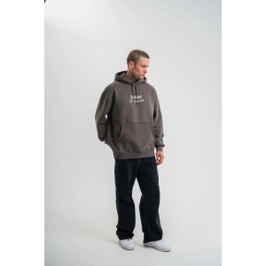 Erkek 3 İplik Kapüşonlu Hoodie Dijital Patchli SweatShirt - Füme