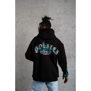 Erkek 3 İplik Pamuklu Alev Baskılı Kapüşonlu hoodie Sweatshirt - Siyah