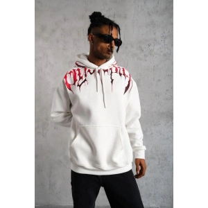 Erkek 3 İplik Pamuklu Baskılı Kapüşonlu Cepli Sweatshirt Hoodie - Beyaz