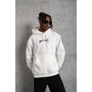 Erkek 3 İplik Pamuklu Baskılı Kapüşonlu Cepli Sweatshirt Hoodie - Beyaz