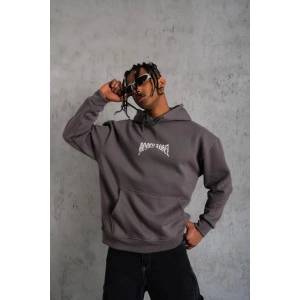 Erkek 3 İplik Pamuklu Baskılı Kapüşonlu Cepli Sweatshirt Hoodie - Füme