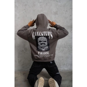 Erkek 3 İplik Pamuklu Baskılı Kapüşonlu Cepli Sweatshirt Hoodie - Gri