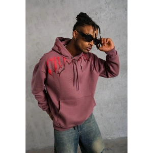 Erkek 3 İplik Pamuklu Baskılı Kapüşonlu Cepli Sweatshirt Hoodie - Gül Kurusu