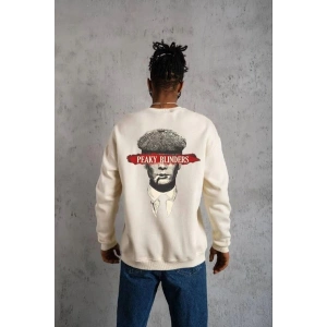 ERKEK 3 İplik Pamuklu Bisiklet Yaka Baskılı Oversize Sweatshirt - Beyaz