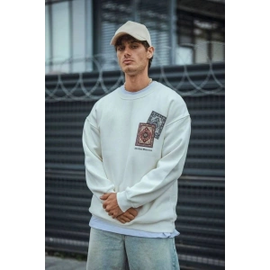 Erkek 3 iplik pamuklu Bisiklet Yaka Baskılı SweatShirt - Beyaz