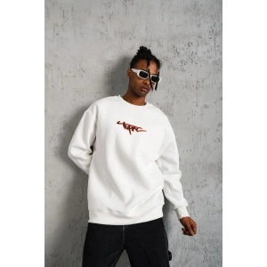 Erkek 3 İplik Pamuklu Bisiklet Yaka Gangster Baskılı Sweatshirt - Beyaz