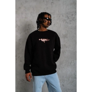 Erkek 3 İplik Pamuklu Bisiklet Yaka Gangster Baskılı Sweatshirt - Siyah