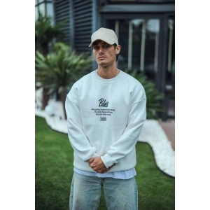 Erkek 3 iplik pamuklu Bisiklet Yaka Ön Ve Arka Baskılı SweatShirt - Beyaz