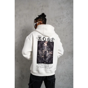 Erkek 3 İplik Pamuklu Kapüşonlu Baskılı Cepli Oversize Sweatshirt Hoodie - Beyaz