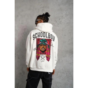 Erkek 3 İplik Pamuklu Kapüşonlu Baskılı Cepli Oversize Sweatshirt Hoodie - Beyaz