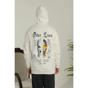 Erkek 3 İplik Pamuklu Kapüşonlu Baskılı Cepli Oversize Sweatshirt Hoodie - Beyaz