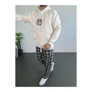 Erkek 3 İplik Pamuklu Kapüşonlu Baskılı Cepli Oversize Sweatshirt Hoodie - Beyaz