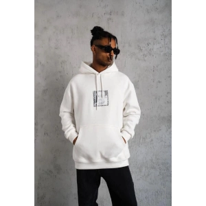 Erkek 3 İplik Pamuklu Kapüşonlu Baskılı Cepli Oversize Sweatshirt Hoodie - Beyaz