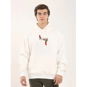 Erkek 3 İplik Pamuklu Kapüşonlu Baskılı Cepli Oversize Sweatshirt Hoodie - Beyaz