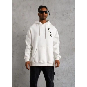Erkek 3 İplik Pamuklu Kapüşonlu Baskılı Cepli Oversize Sweatshirt Hoodie - Beyaz