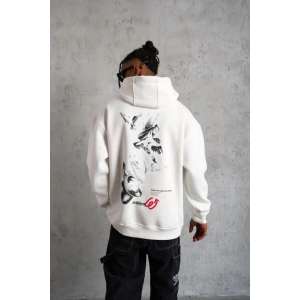 Erkek 3 İplik Pamuklu Kapüşonlu Baskılı Cepli Oversize Sweatshirt Hoodie - Beyaz