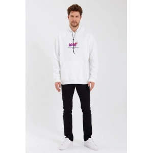 Erkek 3 İplik Pamuklu Kapüşonlu Baskılı Cepli Oversize Sweatshirt Hoodie - Beyaz
