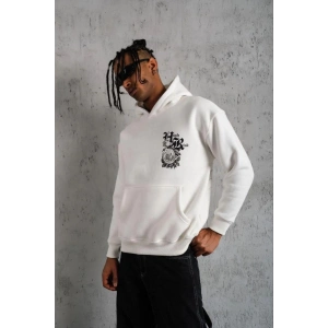 Erkek 3 İplik Pamuklu Kapüşonlu Baskılı Cepli Oversize Sweatshirt Hoodie - Beyaz