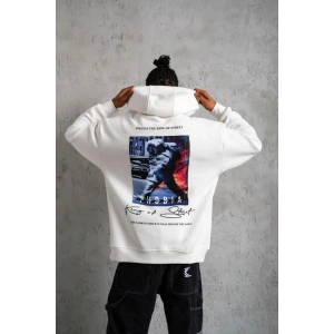 Erkek 3 İplik Pamuklu Kapüşonlu Baskılı Cepli Oversize Sweatshirt Hoodie - Beyaz