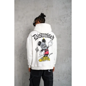 Erkek 3 İplik Pamuklu Kapüşonlu Baskılı Cepli Oversize Sweatshirt Hoodie - Beyaz