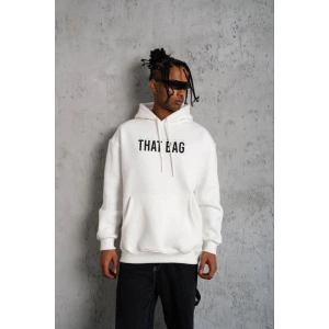 Erkek 3 İplik Pamuklu Kapüşonlu Baskılı Cepli Oversize Sweatshirt Hoodie - Beyaz