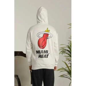 Erkek 3 İplik Pamuklu Kapüşonlu Baskılı Cepli Oversize Sweatshirt Hoodie - Beyaz