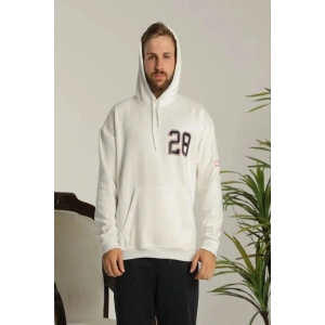 Erkek 3 İplik Pamuklu Kapüşonlu Baskılı Cepli Oversize Sweatshirt Hoodie - Beyaz