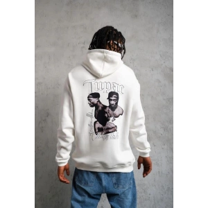 Erkek 3 İplik Pamuklu Kapüşonlu Baskılı Cepli Oversize Sweatshirt Hoodie - Beyaz